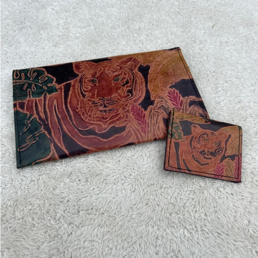 Leather Wallet Black Brown Green Embossed Tigers Multi Pocket Coin Purse India - Picture 1 of 8